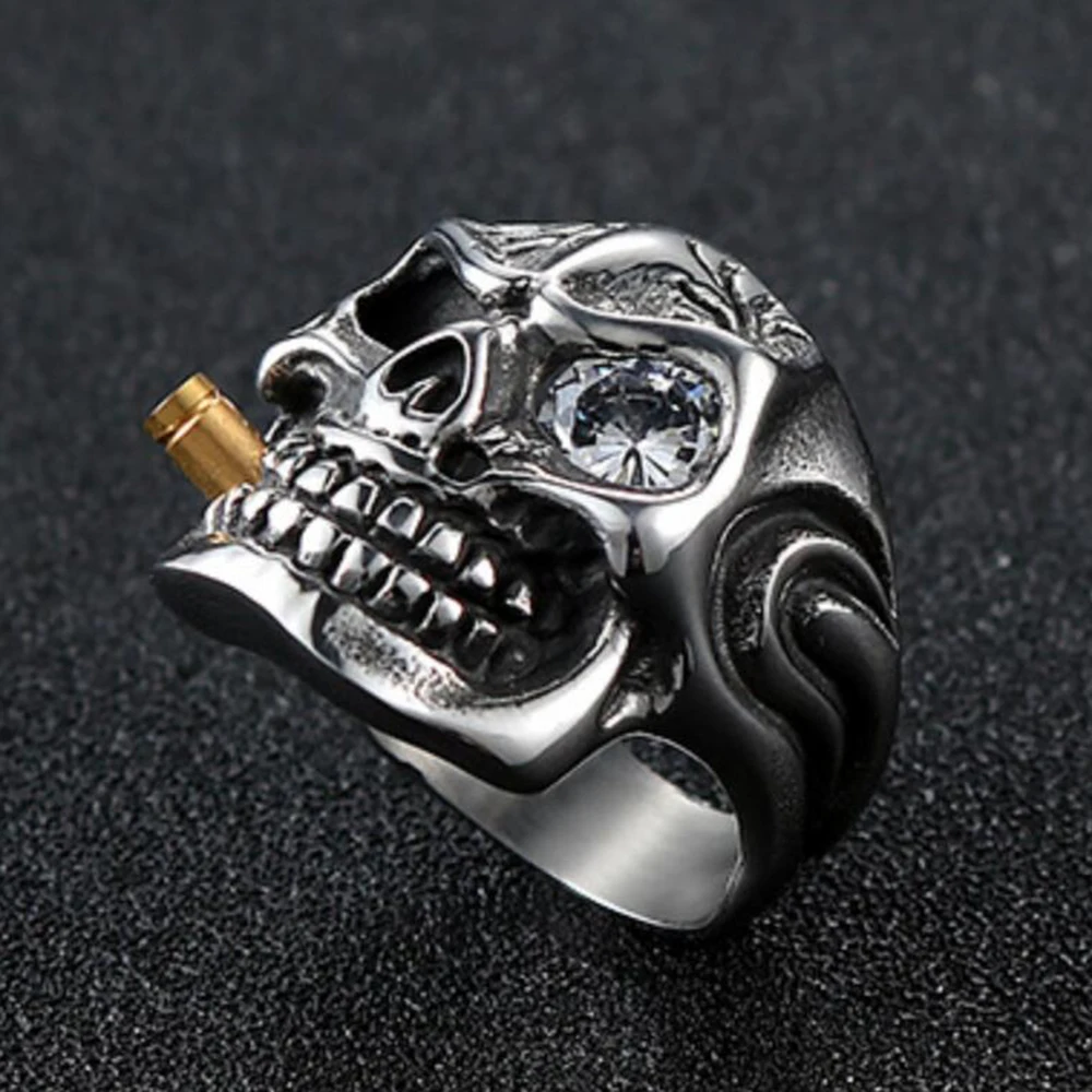 Punk Jewellery 316L Stainless Steel Men Ring Vintage Viking Skeleton Finger Band Rings With Crystal Eye Men\'s Jewelry Wholesale
