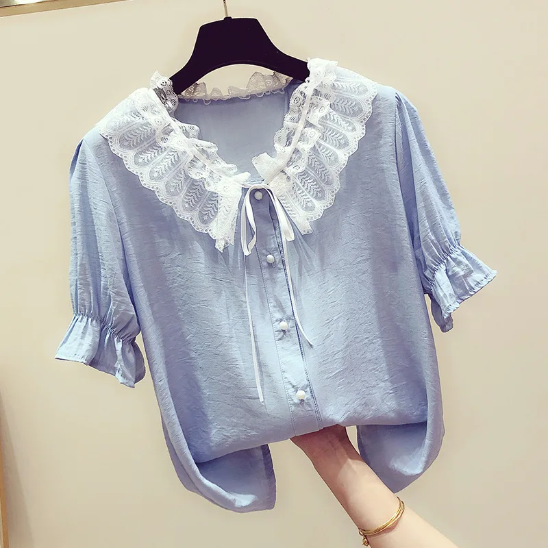 Camisa de encaje con lazo para mujer, Blusa de manga corta con cuello en V, Top para chica de Color puro, camisas de estilo Preppy coreano H9155