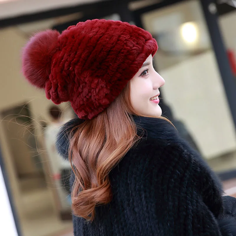 Knitted Real Rex Rabbit Fur Hat Women Genuine Fur Hats With Fox Fur Pompom Ladies Fashion Russia Fur Cap Female Winter Beanie