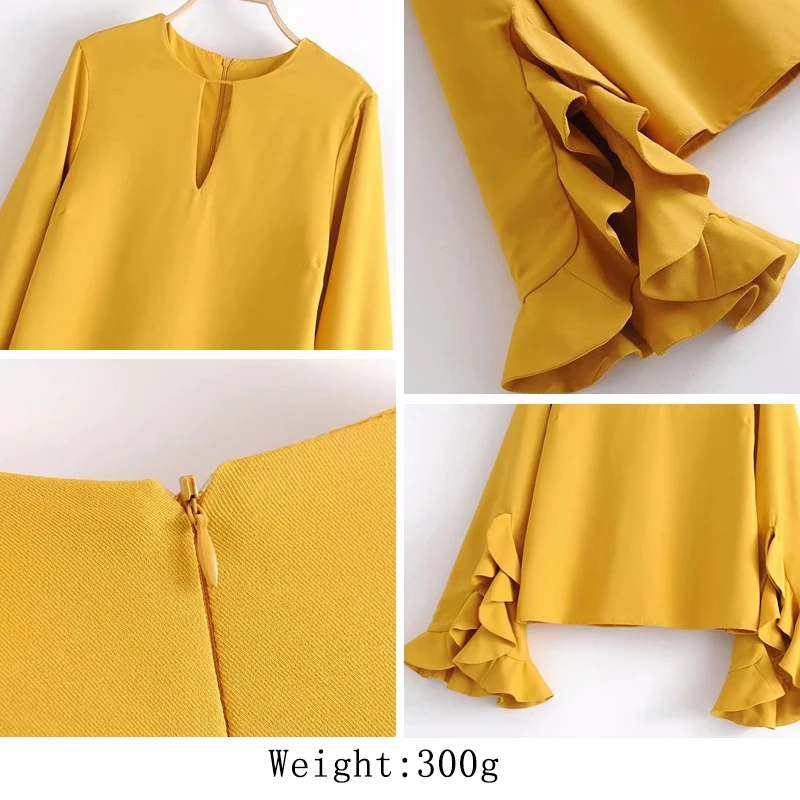 Bella Philosophy spring women long flare sleeve shirt casual yellow solid female blouse ruffles fashion V Neck women blouse