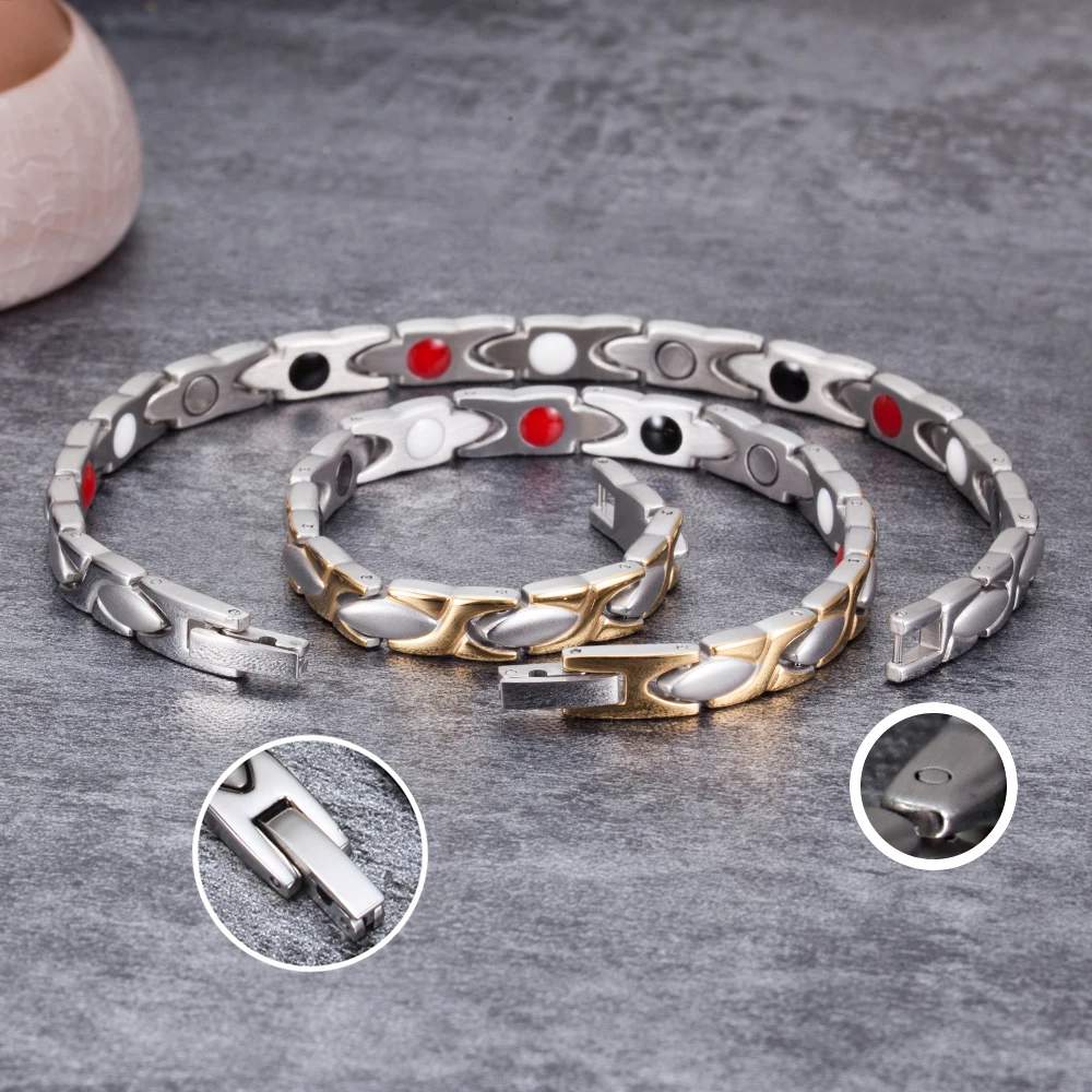 Vinterly Magnetic Bracelets Women Cross Health Energy High Magnet Bracelet Gold-color Chain Links Stainless Steel Jewelry