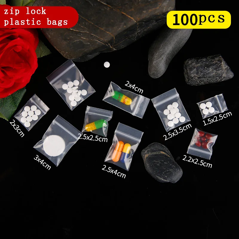 Mini Zipper Plastic Bags, Ziplock Pill Packaging Pouches, Small Zip Lock Bags, 0.16mm Thick, Food, 100Pcs