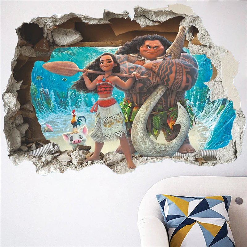 Moana Maui 3d Broken Hole Wall Stickers Kids Room Home Decoration Ocean Mythology Movie Vaiana Mural Art Cartoon Pvc Decals