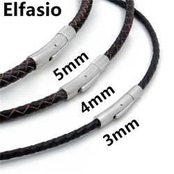 3/4/5mm Mens Womens Brown Braided Genuine Leather Cord Stainless Steel Secure Clasp Necklace Chain Wholesale Jewelry