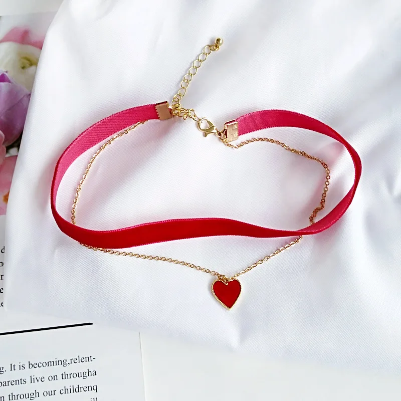 Green Black Red Korean Cute Multi Layer Heart Chains Lace Chokers Necklaces for Women Velvet Choker Necklace Bohemia image 3