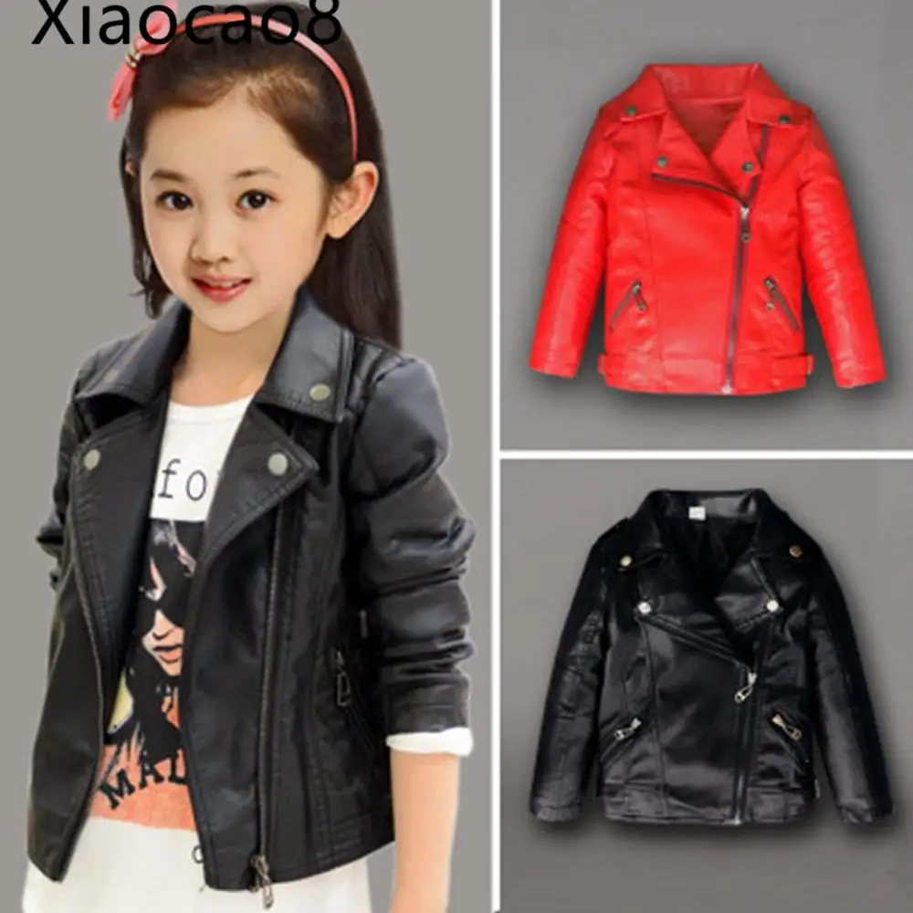 2019 New Autumn Winter Children\'s PU Leather Windbreaker Baby Gilr Fashion Outerwear Coats Red Black Solid Jackets Kids Clothes