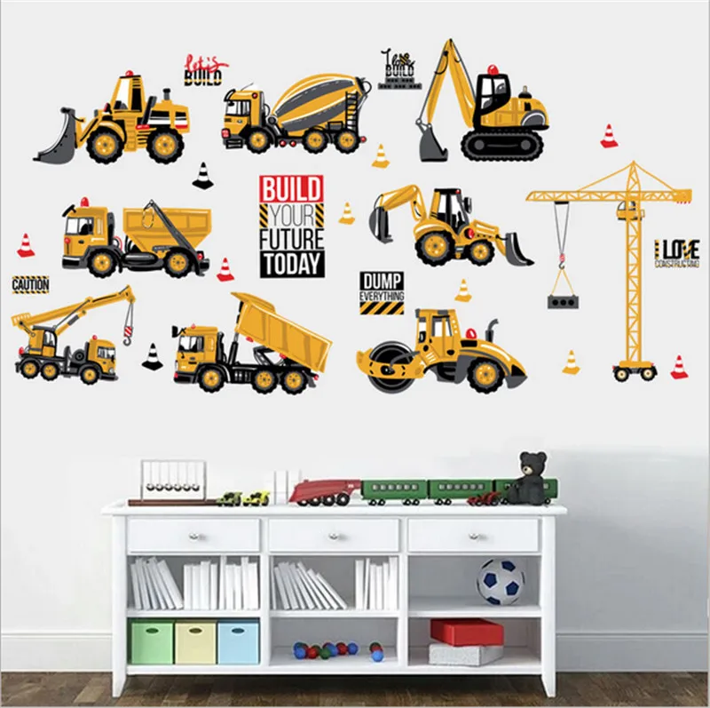 Pegatina de pared de vehículo de construcción de dibujos animados, excavadora de grúa, calcomanías de decoración de dormitorio para niños
