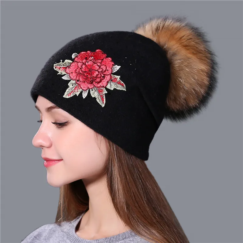 Xthree winter hat for women wool knitted hat Female  beanie cap embroidery real mink fur pom pom girl Skullie hat