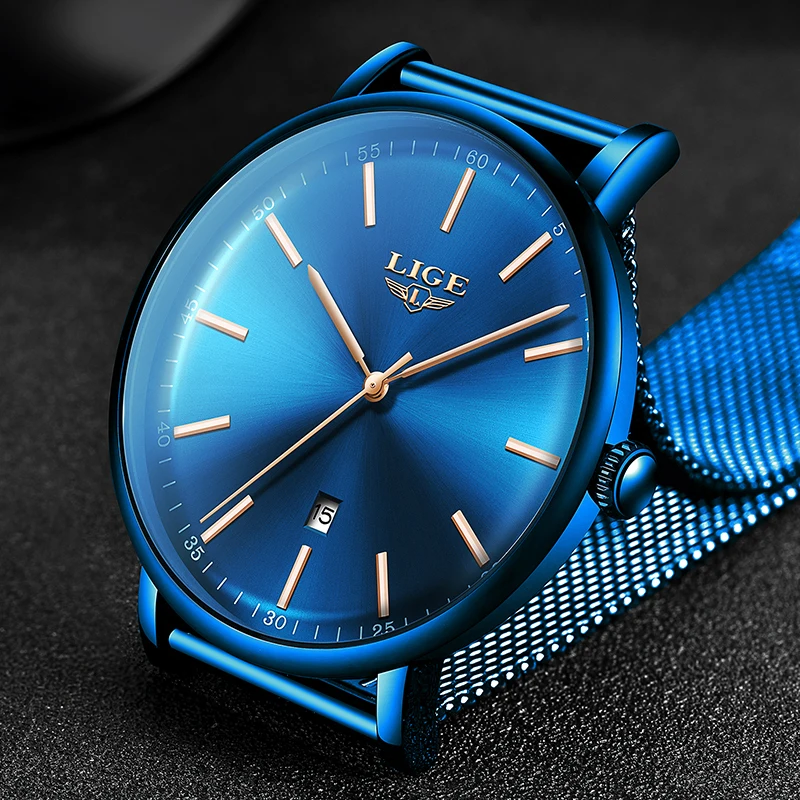 LIGE Mens Watches Top Brand Luxury Waterproof Ultra Thin Clock Blue Mesh Belt Fashon Casual Quartz Watch Men Sport Wrist Watch