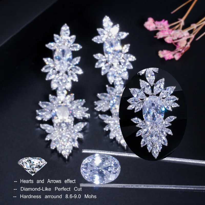 CWWZircons Luxuriöse Lange Hochzeits-Ohrhänger mit Klaren CZ-Steinen und Marquise-förmigen Zirkonia im Großhandel E0011 – Detail 9