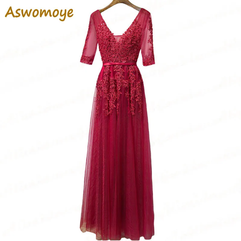 

Aswomoye A-Line Long Evening Gown 2018 Half Sleeve V-Neck Wedding Party Dress Sexy Appliques Beading Prom Dresses robe de soiree