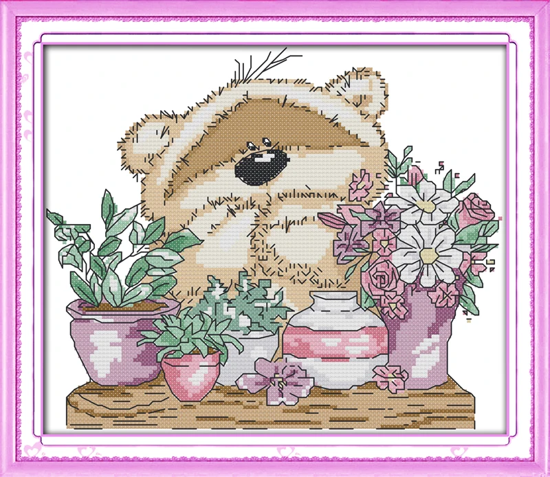 Little bear enjoy the flowers  cross stitch kit 14ct 11ct count print canvas stitches embroidery DIY handmade needlework plus