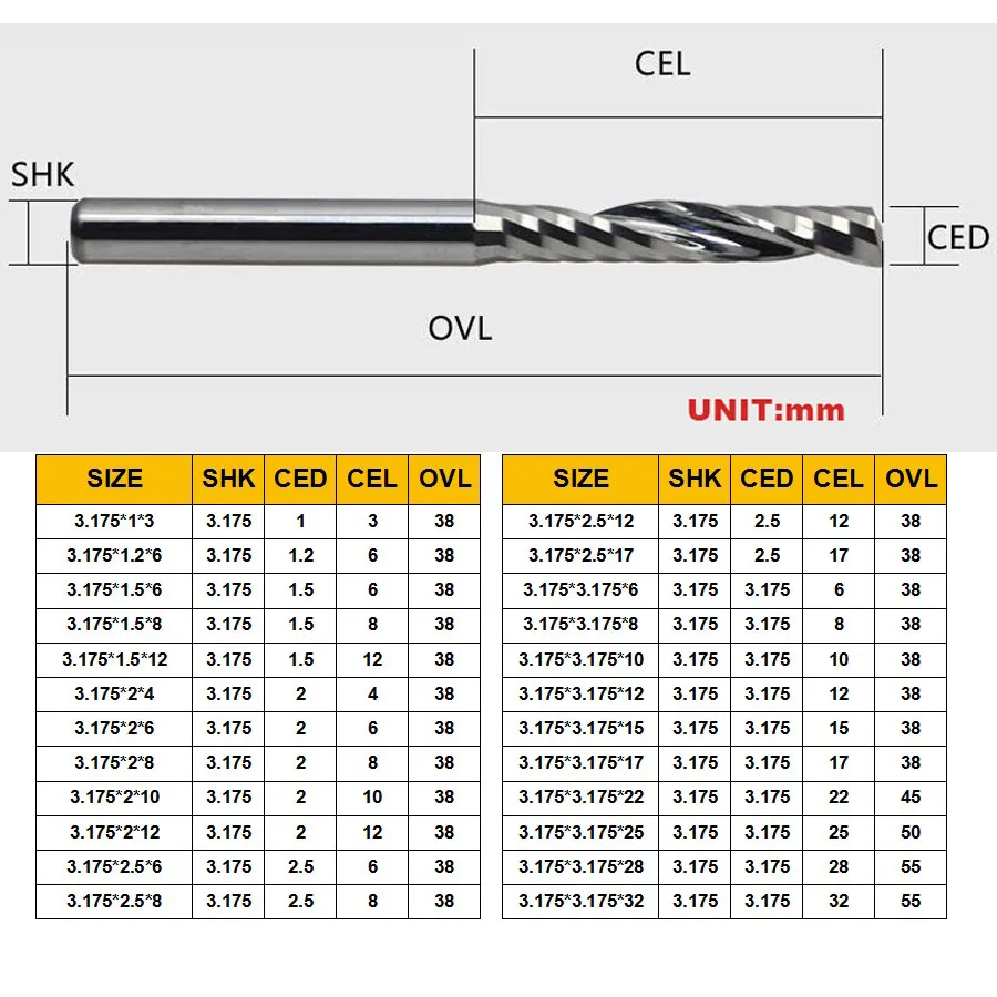 3.175Mm 1 Fluit Spiral Frezen Cnc End Mill Mdf Fresa Frees Een Aa Aaa Serie Acryl Aluminium koper Messing Fraser