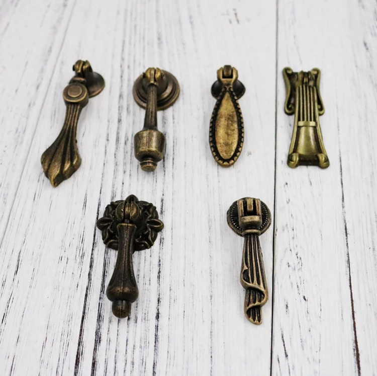 8PCs Jewelry Wooden Box Pull Handle Drawer Knobs Antique Bronze Flower Water Droplets shaped buckle Pull ring Handles and Knobs