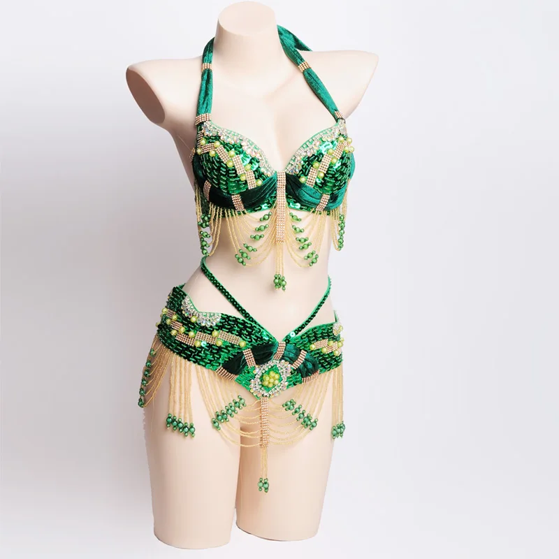 Mulheres frisado sutiã e cinto de dança do ventre sutiã cinto traje de dança do ventre conjunto roupas de dança do ventre sexy noite roupas de dança