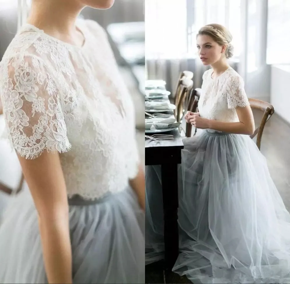 2022 two piece lace tulle dream cheap wedding dress with jewel short sleeve back hollow simple beach wedding guest dress