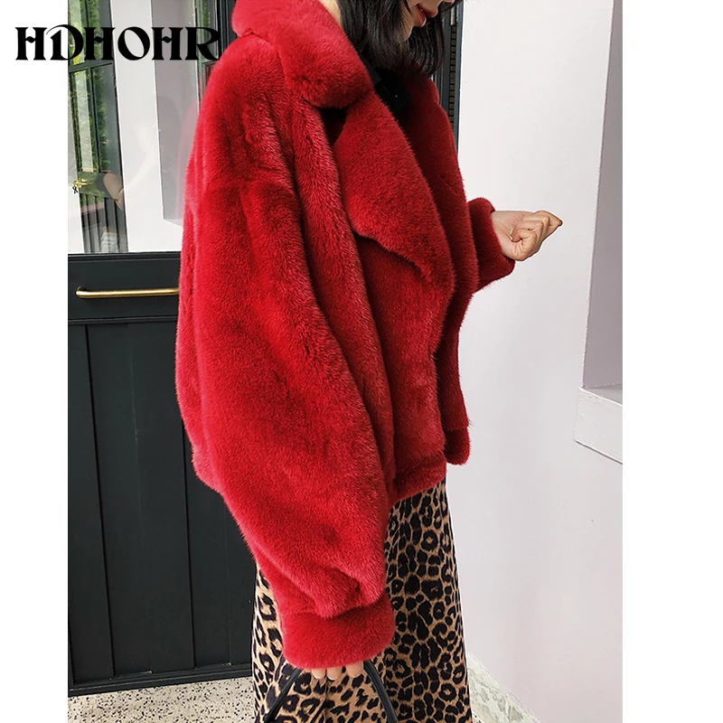 HDHOHR 2024 New 100% Real Mink Fur Coat Women Fashion Essential Natural Mink Coat Short Christmas Red Outerwear Winter Jacket