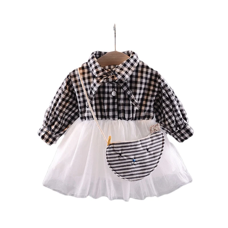 New Children Autumn grenadine dress infant lovely clothes baby girls long sleeve plaid one-piece with bag princess spring wear