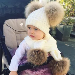 Jaxmonoy-Conjunto de gorro y bufanda para niño y niña, gorro de punto con pompón de piel de mapache Real, cálido, invierno