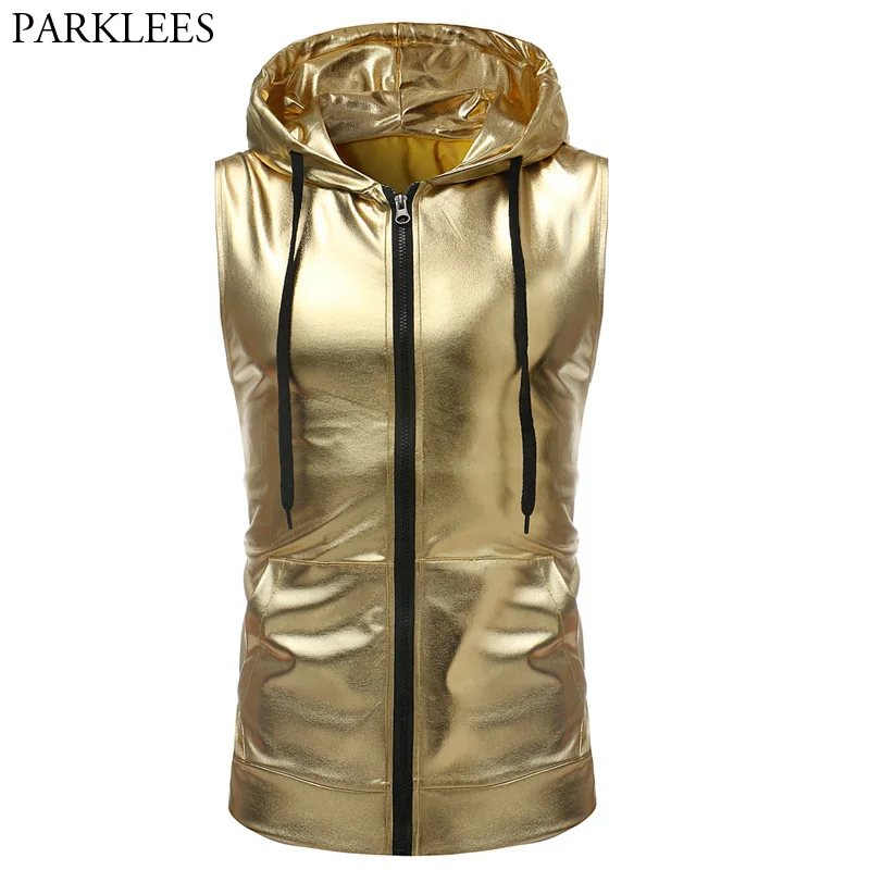 Shiny Gold Coated Metallic Tank Top Men 2022 Brand New Hip Hop Sleeveless Hoodie Tank Men Nightclub Party Dance Zipper Tops Tee