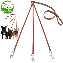 Three Way No Tangle Puppy Dog Leash Coupler Leather Triple Dog Leash Lead Tangle Free For Walking 3 Dogs