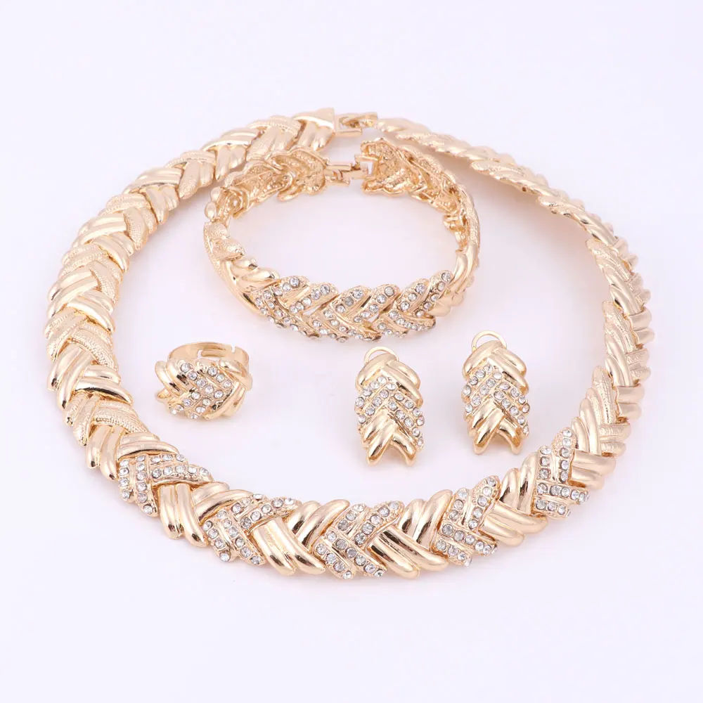 Charm Dubai Gold Color Crystal Necklace Bracelet Earring Ring Wedding Party Dress Accessories Jewelry Set