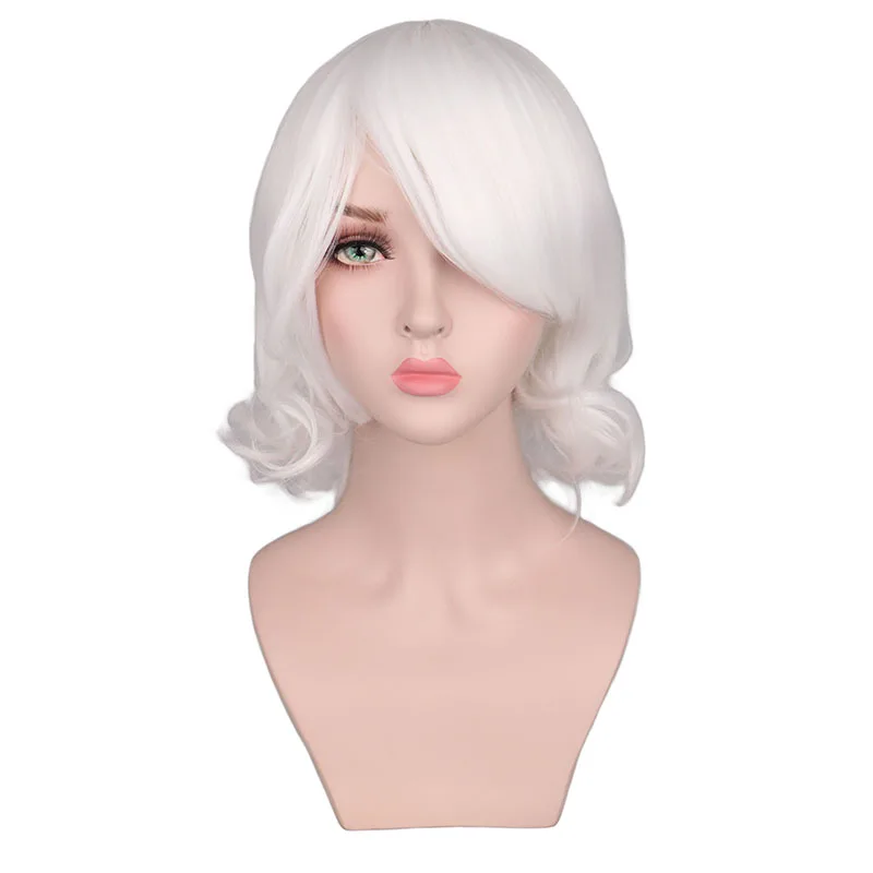 QQXCAIW Girls Short Culry Wig Cosplay Cos White Heat Resistance Synthetic Hair Wigs