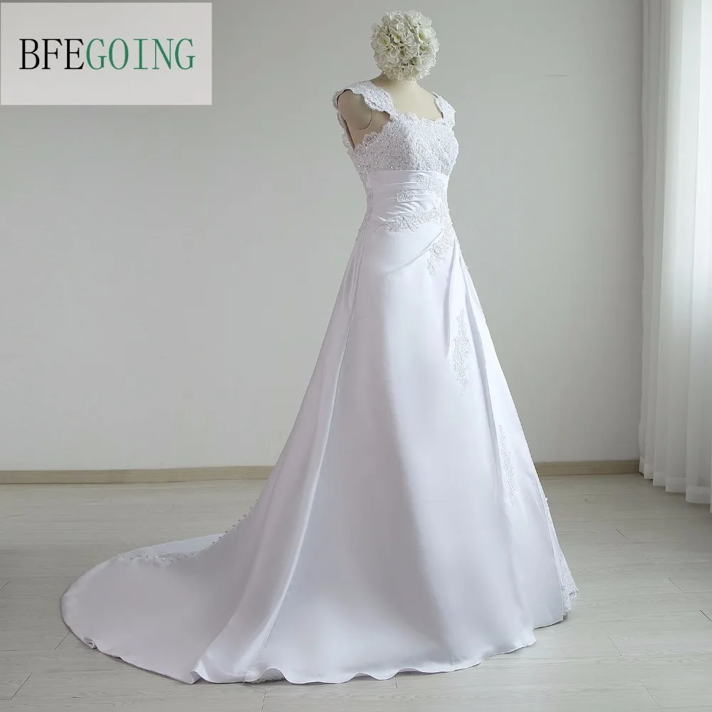 New Arrival Fashion Satin A-Line Wide Straps Appliques Floor-Length Chapel Train  Wedding Dress