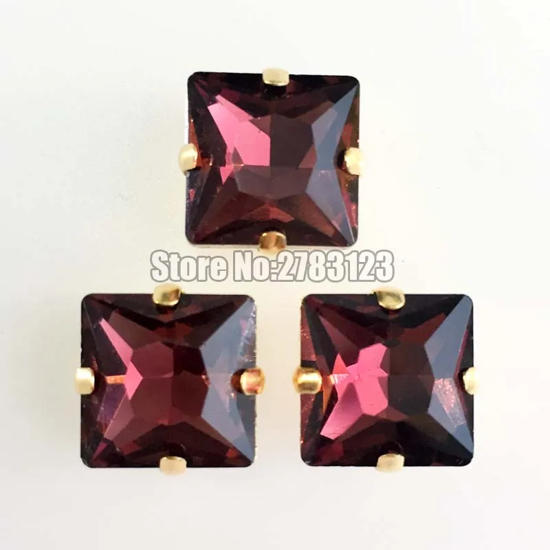 

12mm 14mm 20pcs/pack Gold bottom wine red Square shape flatback AAA Glass Crystal sew on claw rhinestones,Clothing accessories