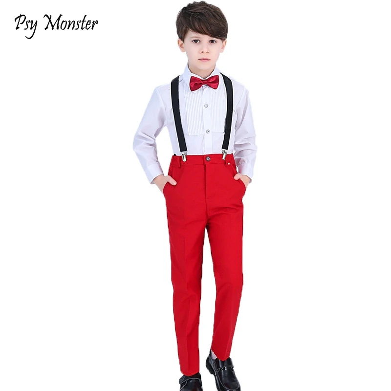 

Flower Boys Brand Formal Suit Wedding campus student Dress Gentleman Kids Strap Shirt Pants Bowtie 4Pcs ceremony Costumes