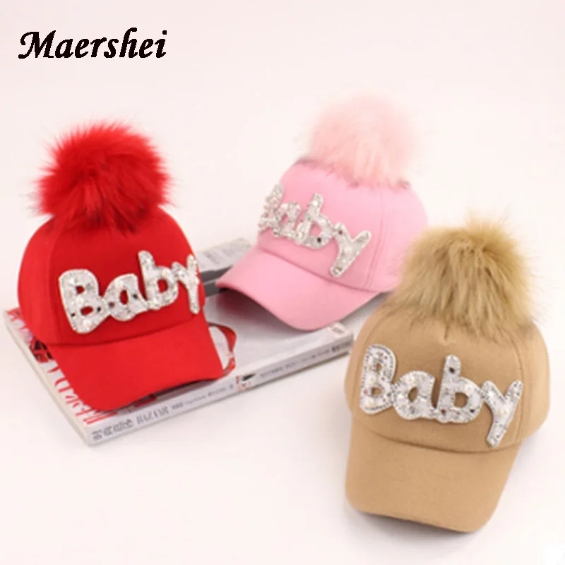 Baseball Cap Boys Girls solid snapback Caps Child Hip Hop  Wool fur hair ball kids Winter Hat