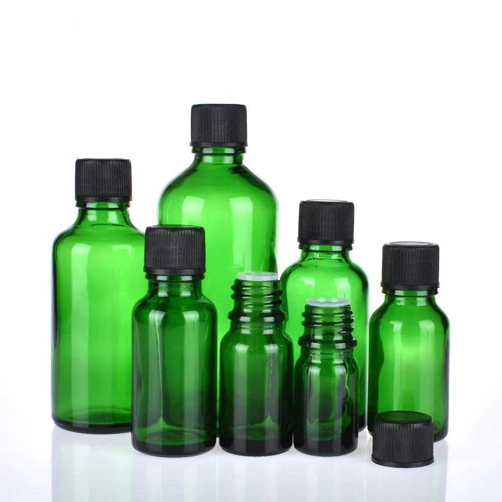 6 pièces/lot 100ml 50m 30ml 20ml 15ml 10ml 5ml 1/3oz 1oz bouteilles en verre d\'huile essentielle verte épaisse avec récipient en verre à capuchon