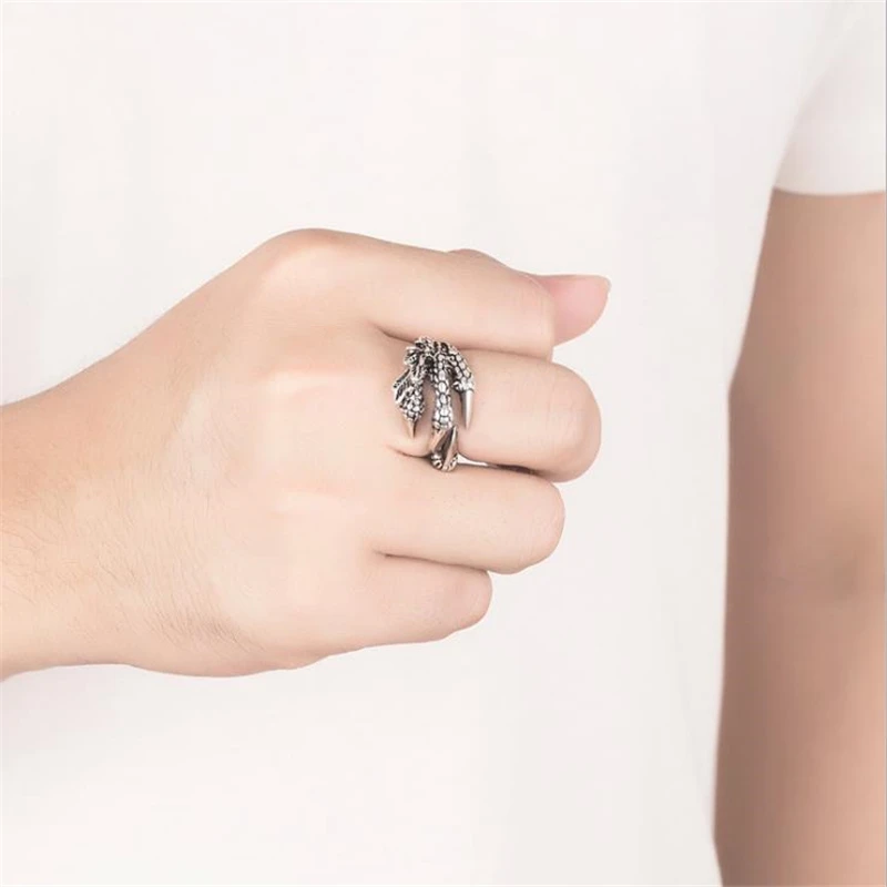 KOFSAC Vintage Punk Gothic Dragon Claw Ring Men Evil Flower Devil Talon Thai Silver 925 Rings For Women Mens Party Jewelry Gift