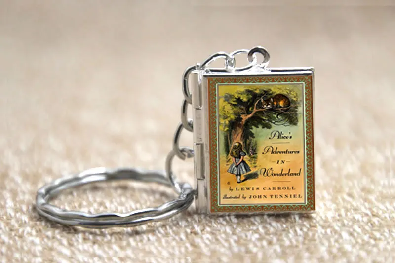 Lewis Carroll Alice in Wonderland Book Cover Locket Necklace keyring silver & Bronze tone image 4