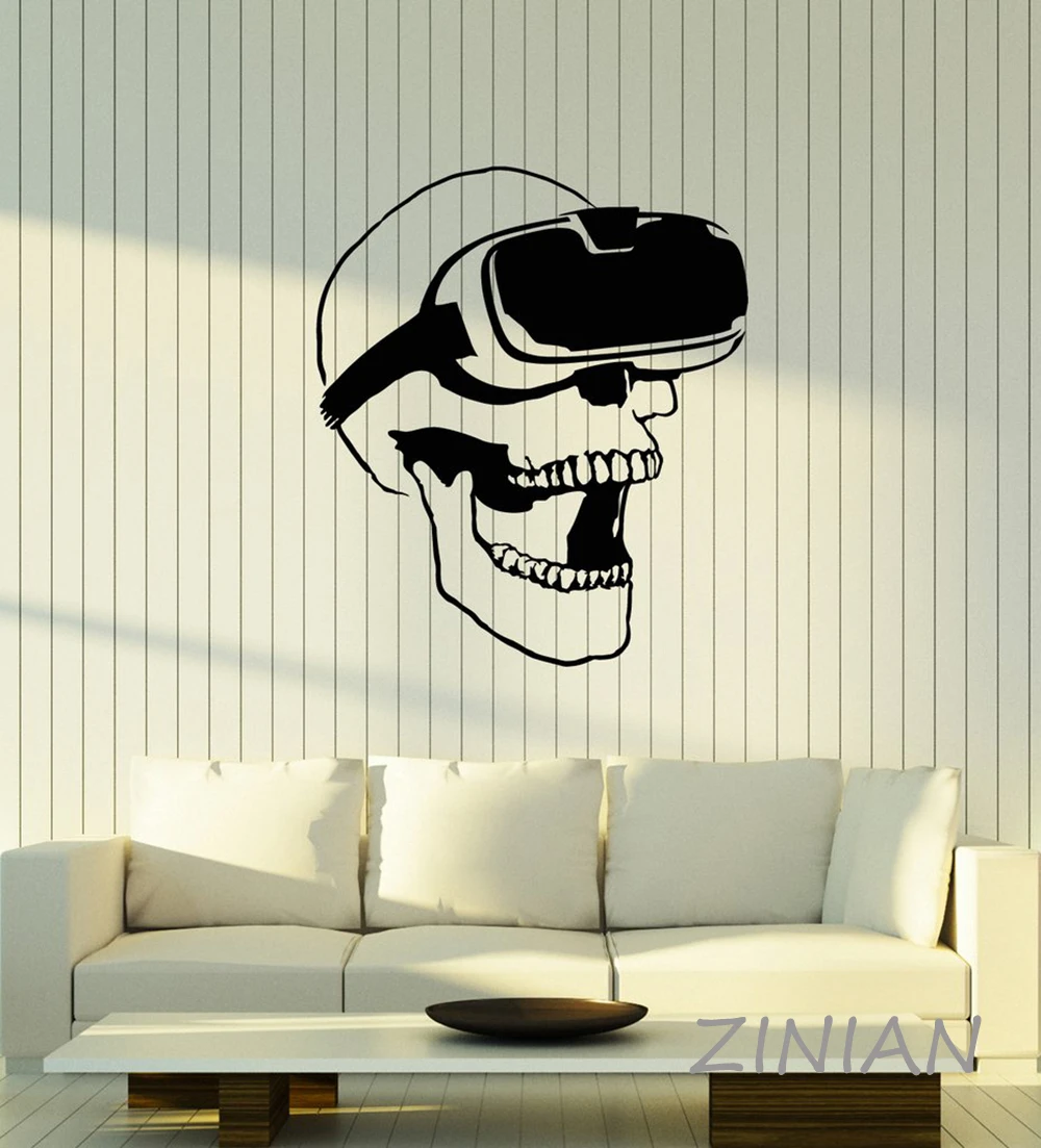 Skull VR Headset Virtual Reality Gamer Video Game Wall Stickers Decal Mural Wallpaper for Boys Man Cave Decor Z562