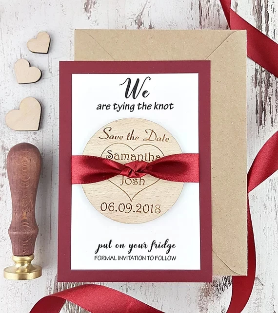 customize engraved rustic Wedding Announcement invitation cards with wood Save the Date Magnets bridal shower party favors gifts