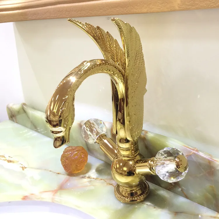 Free shipping GOLD PVD single hole Double Crystal Knobs bathroom basin swan faucet mixer tap deck mounted