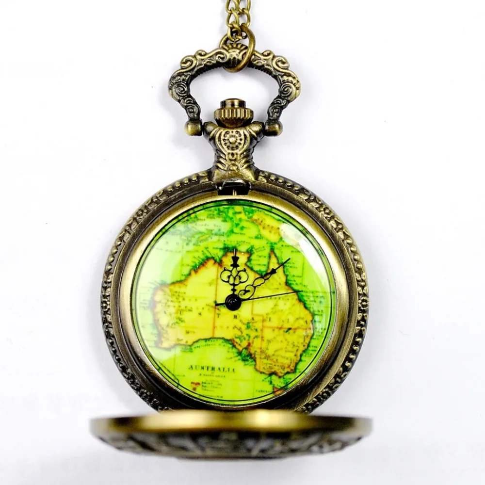 8093Unique  Copper Zodiac Hollow Pierce Pocket Map Australia Design Fob Watch Casual Men And Women Gift Chain