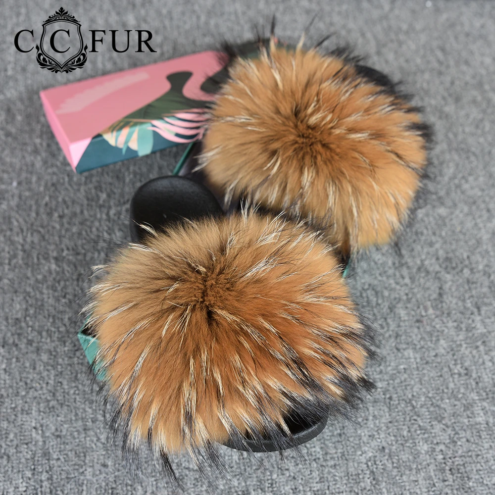 

14cm Wider Fur Slides Fashion Real Raccoon Fur Slippers Women's Sliders Summer Autumn Indoor Lady S6047