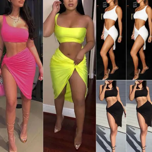 Summer Women Sexy 2 Piece Clothes Set Crop Tops and Split Skirt Set Lace Up Mini Dress Beach Vacation Resort Wear