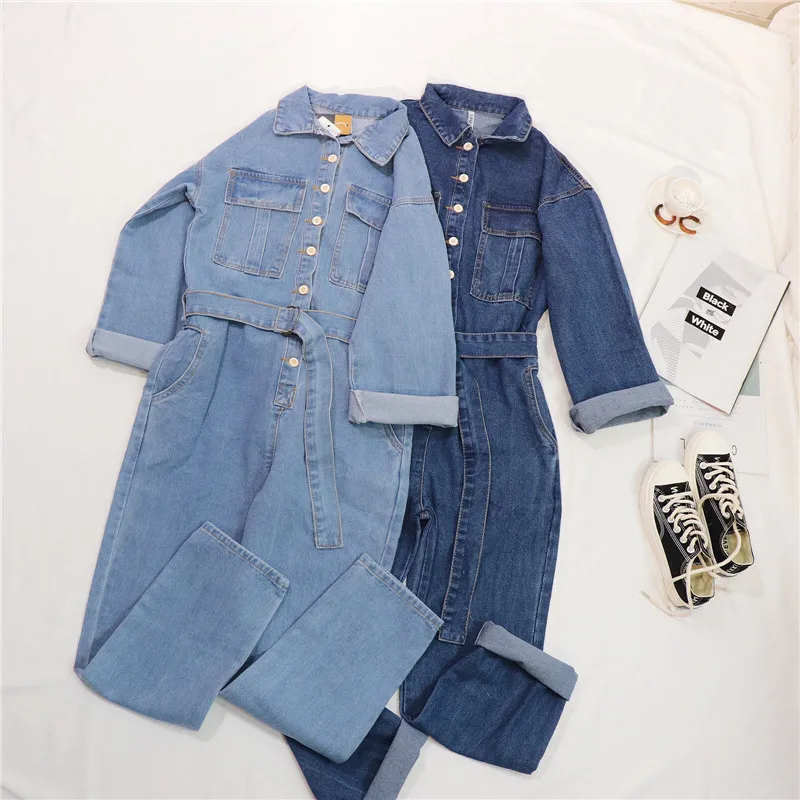 Casual Blue Denim Romper Jumpsuits Women Solid One Piece Long Sleeve Bodysuit Femme Jean Overalls with Sashes Plus Size Playsuit