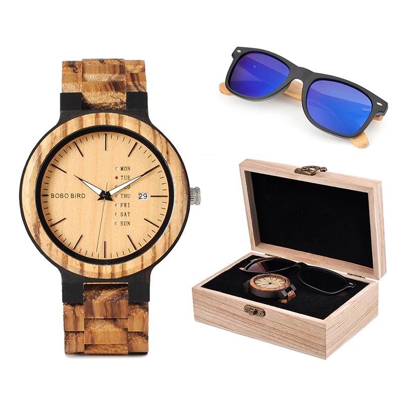 BOBO BIRD Classic Men Custom Wood Watch and Wooden Sunglasses Suit Present Box Gift Set for Dad Fathers Day