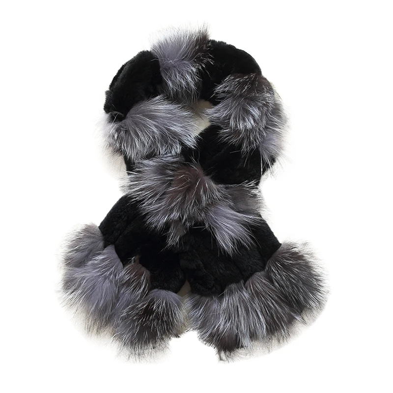 Zero Fish silver fox fur black color New Fox fur c/w rex rabbit fur scarf wrap cape shawl best Christmas gift birthday gift