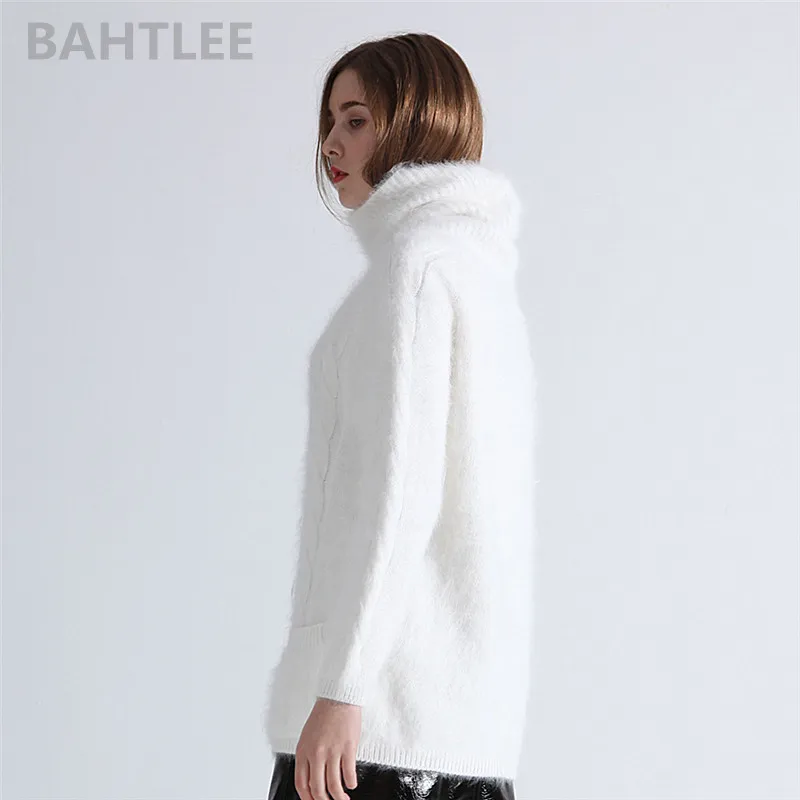 BAHTLEE-Women\'s Mink Cashmere Turtleneck Sweater, Angora Pullovers, Knitting Pockets, Long Sleeves, Keep Warm, Loose, Winter