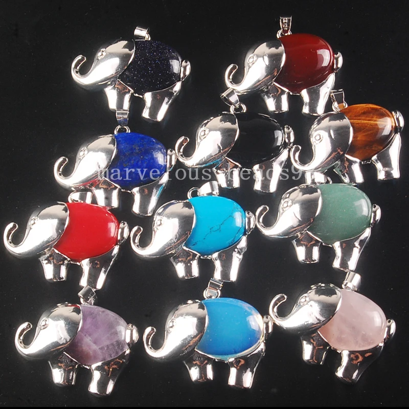 Fashion Jewelry Opalite Opal  Lapis Lazuli Carnelian Crystal  Tigers Eye Elephant Pendant Bead 11Pcs WB368-1A