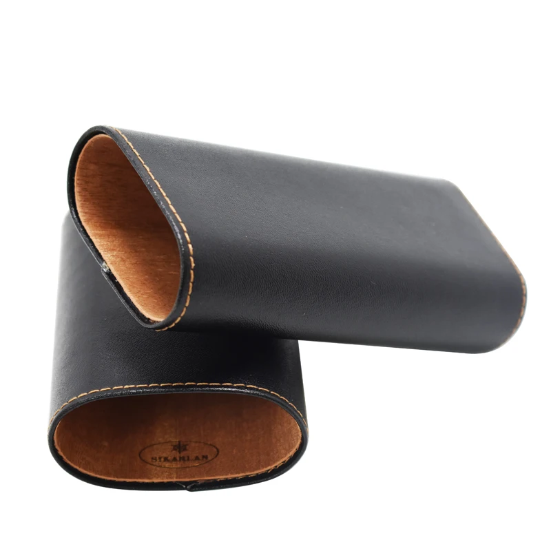 Genuine Leather Ebony Bottom 3 CT Cigar Case Travel Carry Cigars Storage Case Wooden Lining Leather Cigar Case Box Cool Gadgets