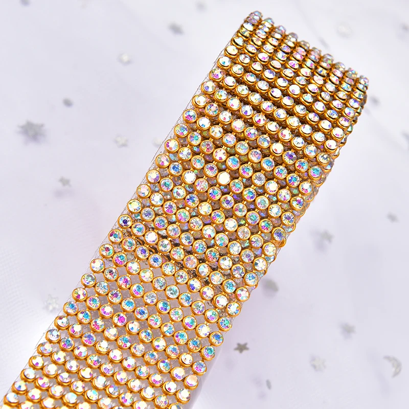 Gold Plating 10 Rows Hot Fix 3mm Rhinestone Trimming Crystal Mesh Banding Iron on Glass Diamond Stripe 1.2 Meters Garment DIY