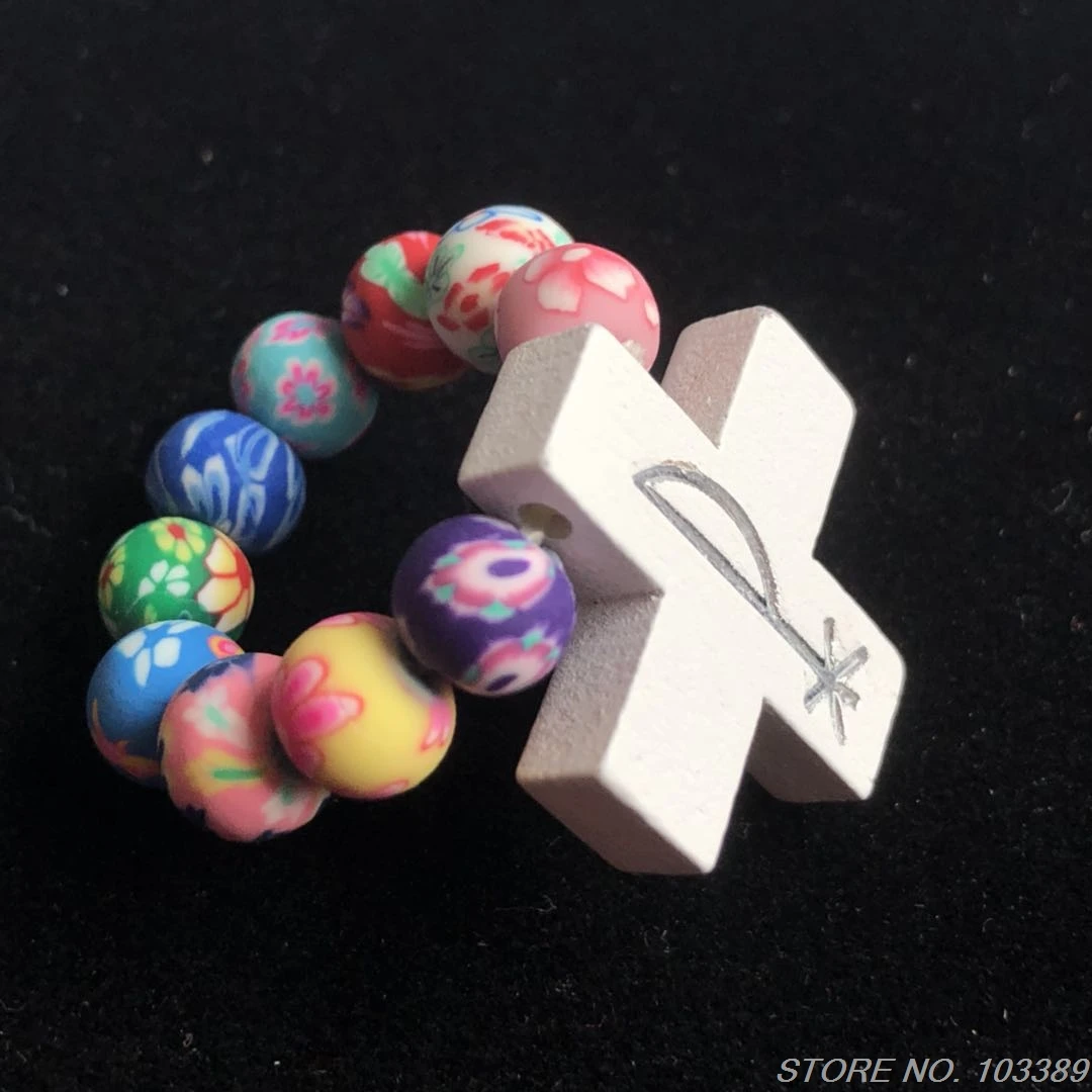 12pcs elastic Polymer Clay Bead white Wooden Cross Finger soft clay beads catholic rosary ring