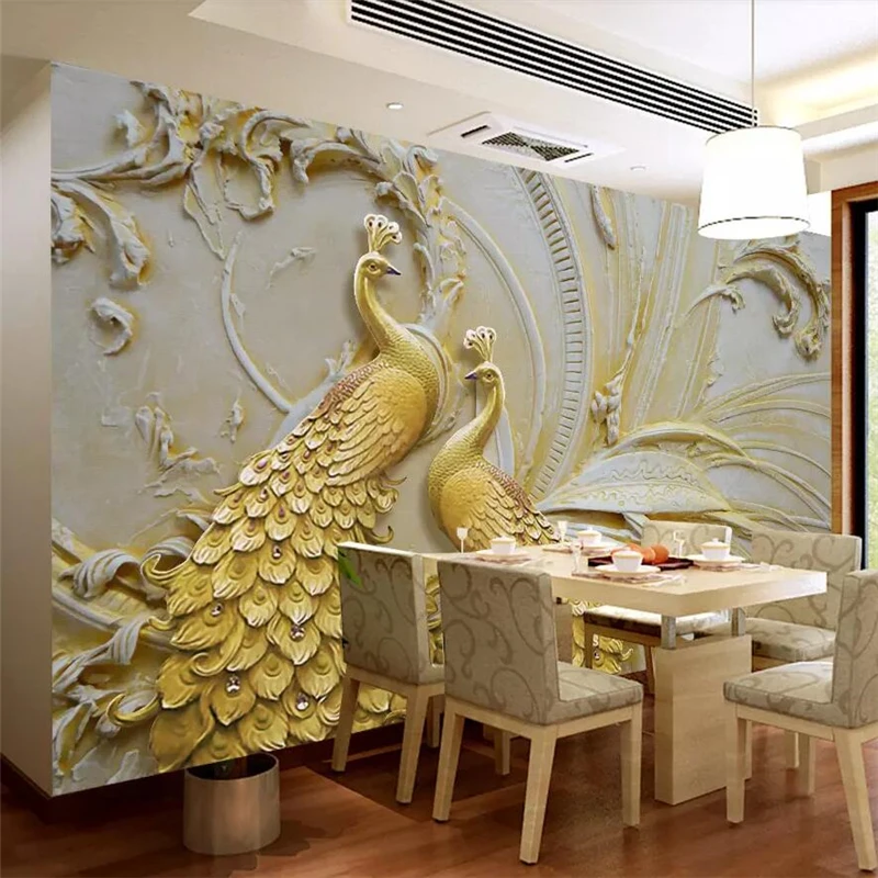 beibehang Custom wallpaper 3D stereo photo mural embossed golden peacock background wall painting papel de parede 3d wallpaper