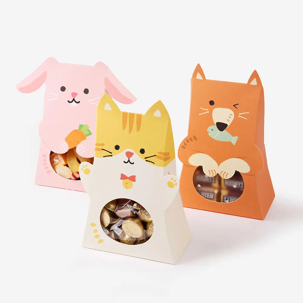 Cute Rabbit Cat Fox Candy Box Paper Birthday Party Decorations Kids Baby Shower Gift Box With Window Party Favors Packaging Box